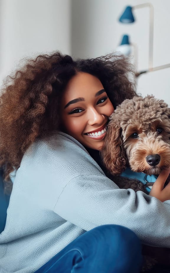 a woman sitting on a couch with her dog