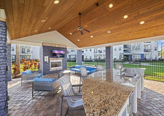 the estates at tanglewood|covered outdoor patio with fireplace