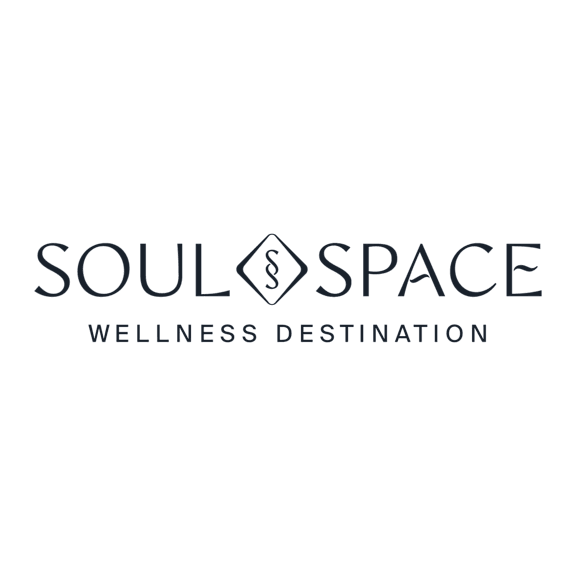 A logo with the words "Soul Space Wellness Destination" in white on a black background.