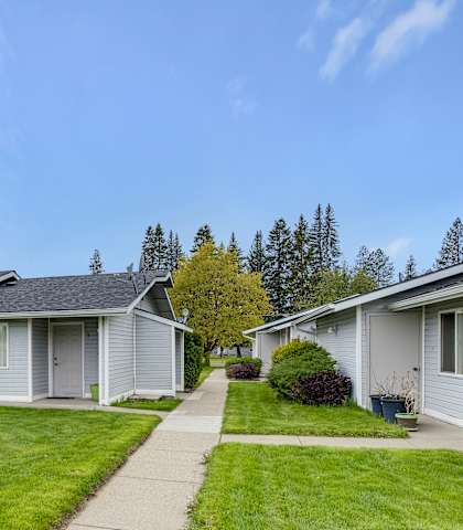 a row of white houses on the side of a sidewalk