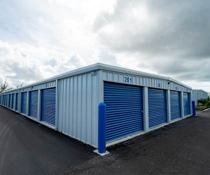 A blue storage unit with the number 2114 on it.