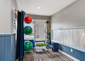 Thumbnail 3 of 6 - A room with a blue wall and a white ceiling has a row of exercise balls of different colors.