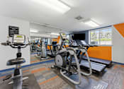 Thumbnail 1 of 6 - A gym with a row of treadmilers and elliptical machines.