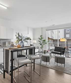 Apartment kitchen with white cabinetry, granite countertops, stainless steel appliances, and open living area