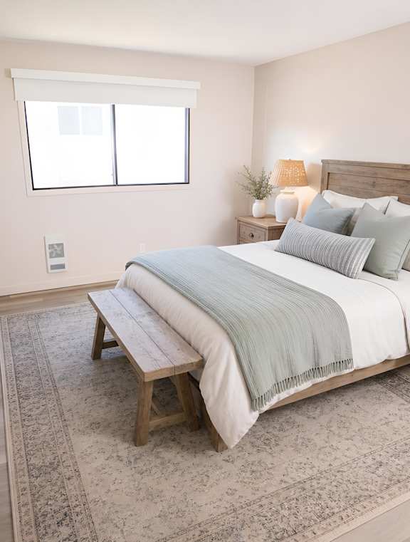 A bedroom with a bed, nightstands, and a bench.