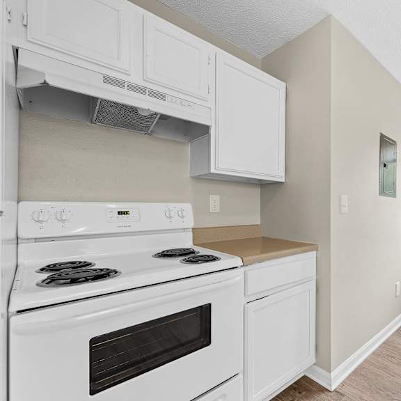 Kitchen with white cabinets at Central Oaks Apartments, South Carolina