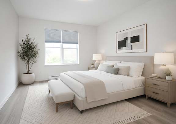 A white bedroom with a large bed, nightstand, and a potted plant.