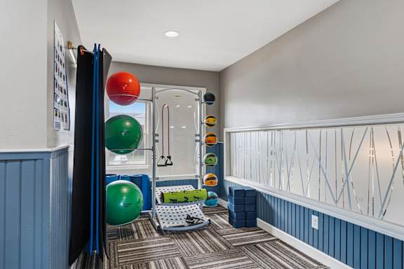 A room with a blue wall and a white ceiling has a row of exercise balls of different colors.