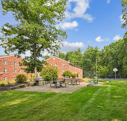 A playground with a slide and a picnic table is surrounded by trees.