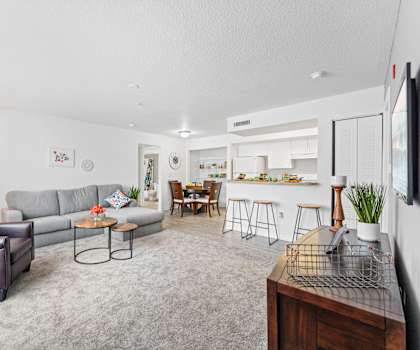a living room with couches and a kitchen with a table and chairs