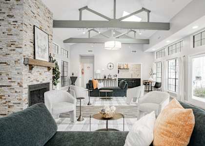 a living room with couches and chairs and a fireplace