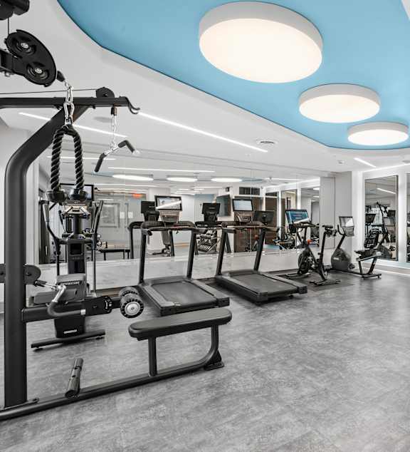 A gym with a variety of equipment including treadmills, weights, and exercise machines.
