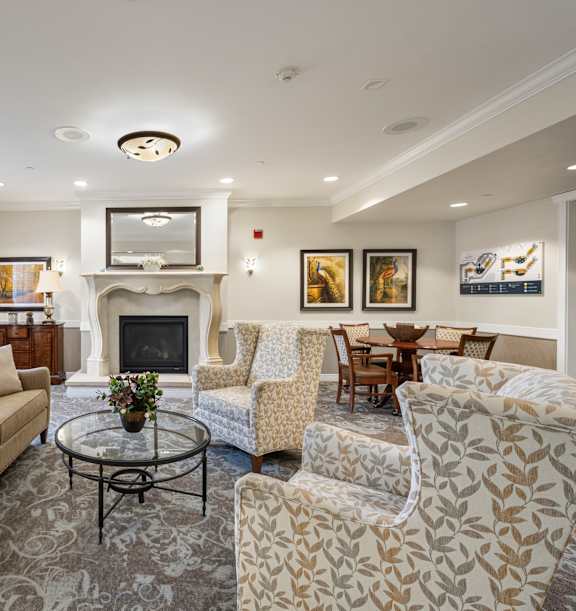 Bright Restaurant with tables at Lakeview Senior Living, Lakewood