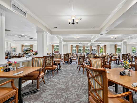 Open Patio with tables and chairs at Lakeview Senior Living, Lakewood, CO, 80227
