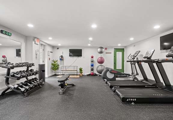 A gym with treadmills, exercise balls, and weights.