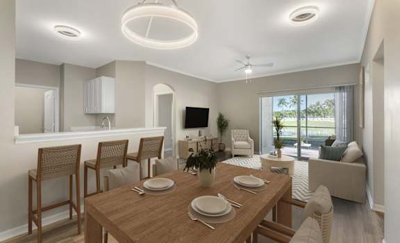 A modern dining room with a wooden table set for four.
