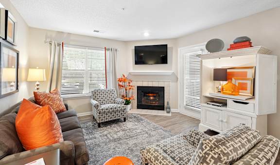 A living room with a fireplace and a television.