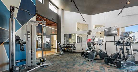 A gym with a variety of exercise equipment.