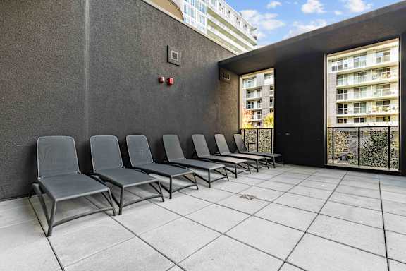A row of chairs are lined up on a patio.