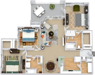 Winchester 3D. 3 bedroom apartment. Kitchen with bartop open to living/dinning rooms. 2 full bathrooms, double vanity in master. Walk-in closets. Patio/balcony.