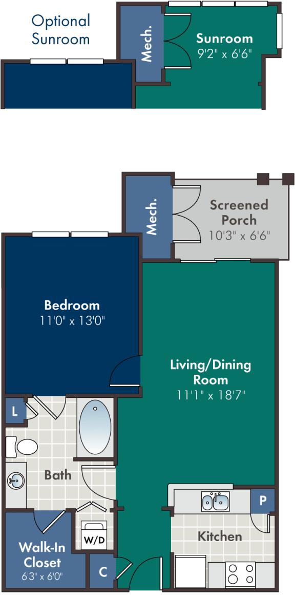 1 bedroom 1 bathroom Brera Floorplan at Abberly at West Ashley Apartment Homes by HHHunt, Charleston, SC, 29414