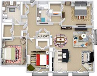 The Atlanta 3D. 3 bedroom apartment. Kitchen with bartop open to living/dining rooms. 2 full bathrooms, double vanity in master. Walk-in closets. Balconette.