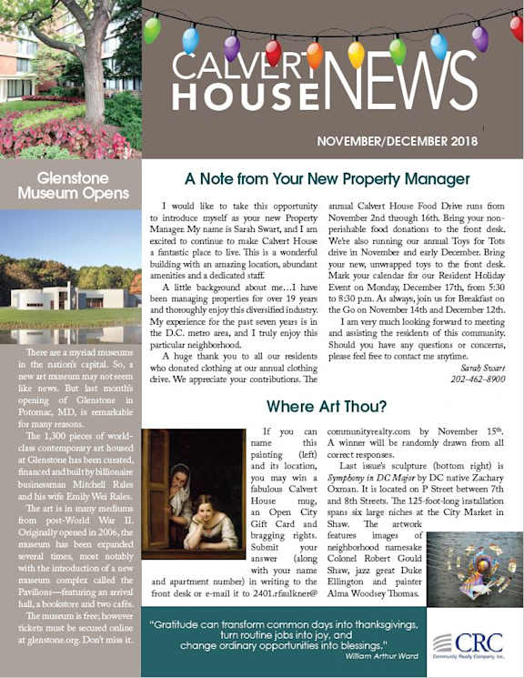 A newsletter cover for Calver House News featuring a museum opening and a note from a property manager.