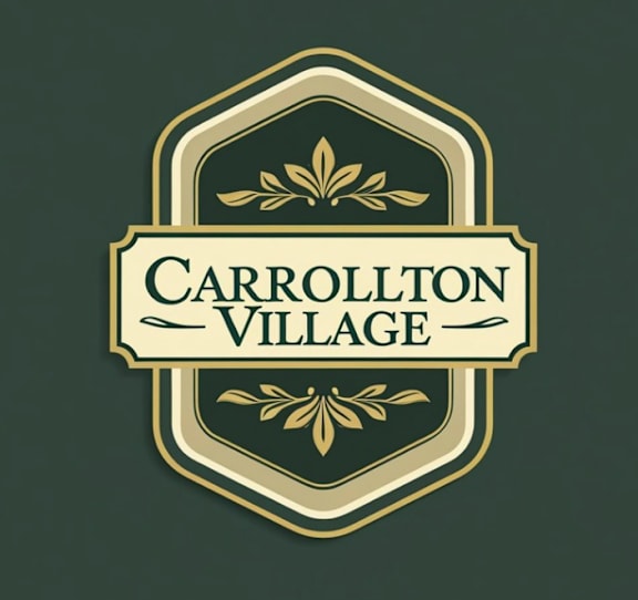 A logo with the text "Carrollton Village" surrounded by a decorative border.