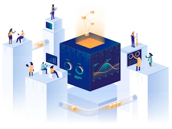 isometric illustration of people working on a data cube