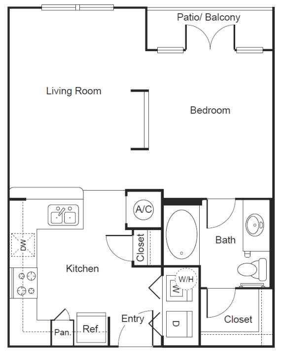 Floor Plan  A1 - Studio, 1 bath, 581 square feet