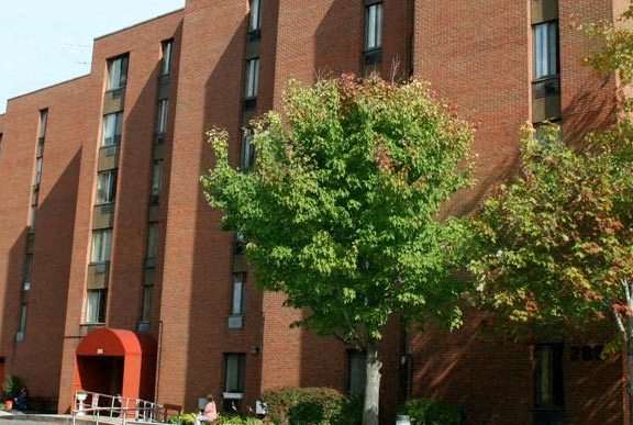 a large brick building with a tree in front of it