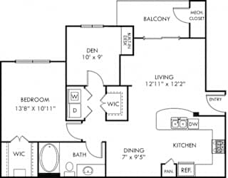 Roma 1 bedroom apartment with den. Kitchen with bartop open to living room and dining room. 1 full bath with vanity. Large walk-in closet. Additional closet in hallway. Patio/balcony.