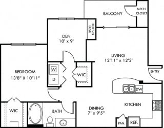 Roma 1 bedroom apartment with den. Kitchen with bartop open to living room and dining room. 1 full bath with vanity. Large walk-in closet. Additional closet in hallway. Patio/balcony.