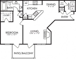 Sweetgrass. 1 bedroom apartment. Kitchen with bartop open to living & dinning rooms. 1 full bathroom, double vanity. Walk-in closet. Patio/balcony. Optional Fireplace.
