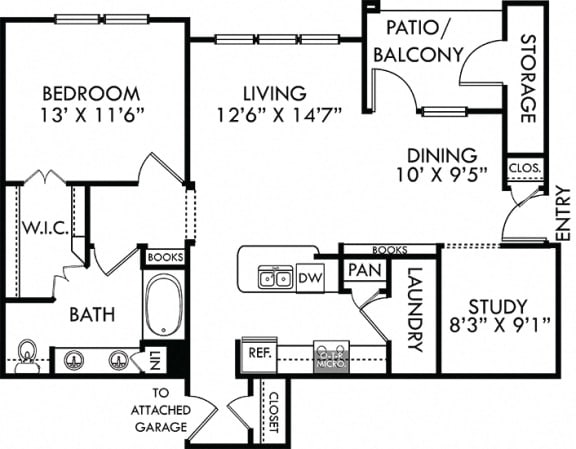 Lantana with Attached Garage. 1 bedroom apartment + study room. Kitchen with bartop open to living/dinning rooms. 1 full bathroom, double vanity. Walk-in closet. Patio/balcony.