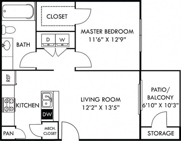 The Benson 1 bedroom apartment. Kitchen with bartop open to living room. 1 full bathroom. Walk-in closet. Patio/balcony with storage..