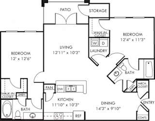The Harrison. 2 bedroom apartment. Kitchen with bartop open to living/dinning rooms. 2 full bathroom. Walk-in closets. Patio/balcony.