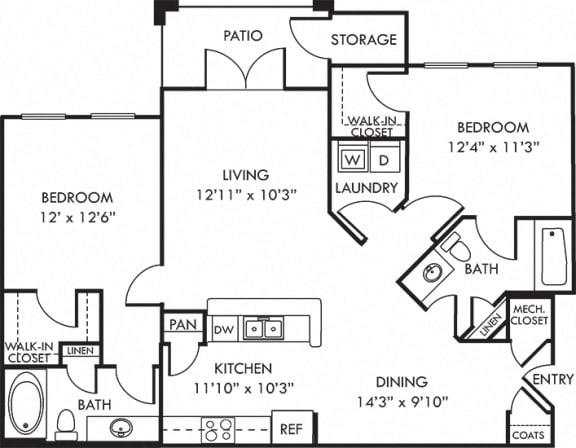 The Harrison. 2 bedroom apartment. Kitchen with bartop open to living/dinning rooms. 2 full bathroom. Walk-in closets. Patio/balcony.