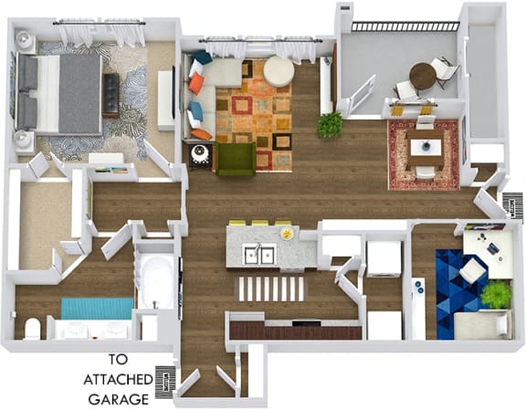 3D Lantana with Attached Garage. 1 bedroom apartment + study room. Kitchen with bartop open to living/dinning rooms. 1 full bathroom, double vanity. Walk-in closet. Patio/balcony.