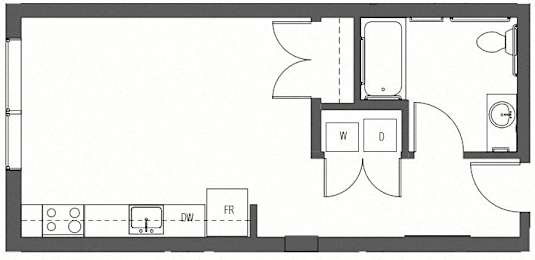 Floor Plan  A floor plan of a room with a kitchen area, a living room, and a bathroom.