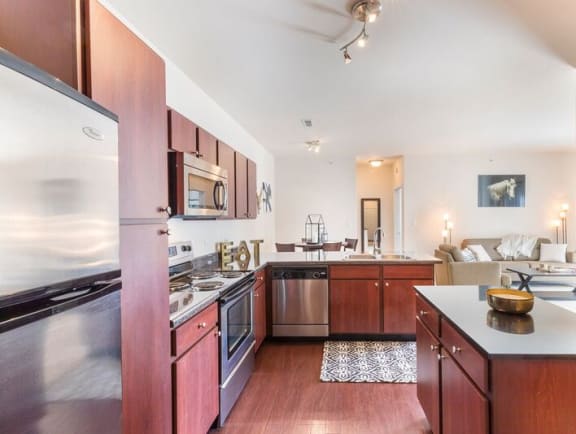 a kitchen with wooden cabinets and stainless steel appliances  at Aventura at Richmond, St. Peters, 63376