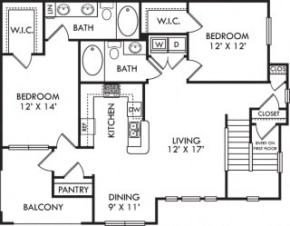 Bridgewater. 2 bedroom apartment. 1st floor entry. Kitchen with bartop open to living/dinning rooms. 2 full bathroom, double vanity in master. Walk-in closet. Patio/balcony.