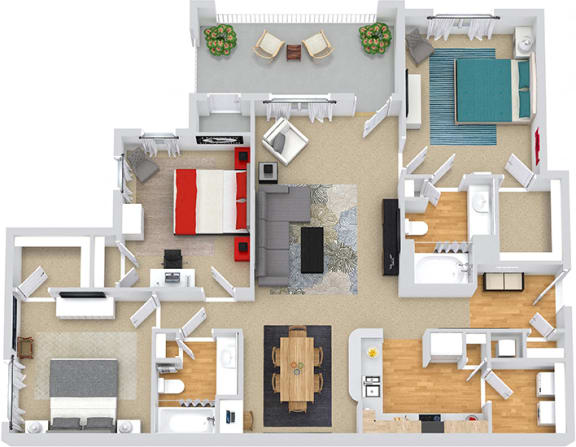 Willow 3D. 3 bedroom apartment. Kitchen with bartop open to living/dinning rooms. 2 full bathrooms. Walk-in closets. Patio/balcony with storage.