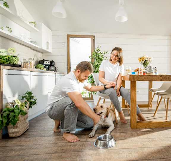 a man and woman in a kitchen with a dog