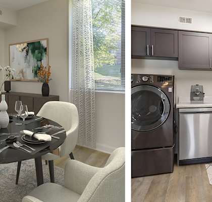 a kitchen and a dining area in a 555 waverly unit at Copper and Quarry Village, Pikesville, MD