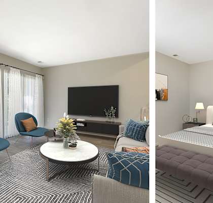 a bedroom and living room with a large bed and a flat screen tv at Copper and Quarry Village, Pikesville, MD
