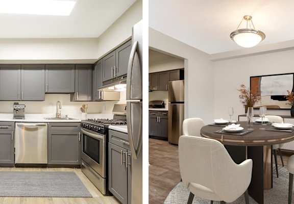 a kitchen and dining area in a 555 waverly unit at Copper and Quarry Village, Pikesville, MD