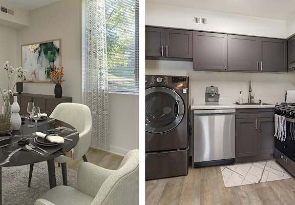 a kitchen and a dining area in a 555 waverly unit at Copper and Quarry Village, Pikesville, MD