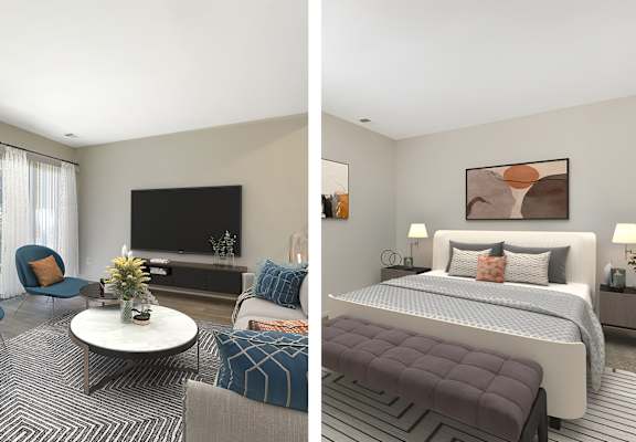 a bedroom and living room with a large bed and a flat screen tv at Copper and Quarry Village, Pikesville, MD