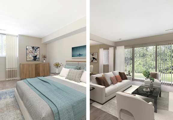 a bedroom and living room in a 555 waverly unit at Copper and Quarry Village, Pikesville, MD